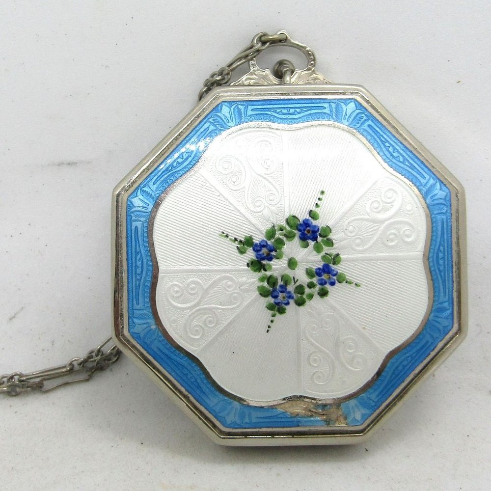 Antique E.A.M. Guilloche Enamel Ladies Mirrored Powder Compact